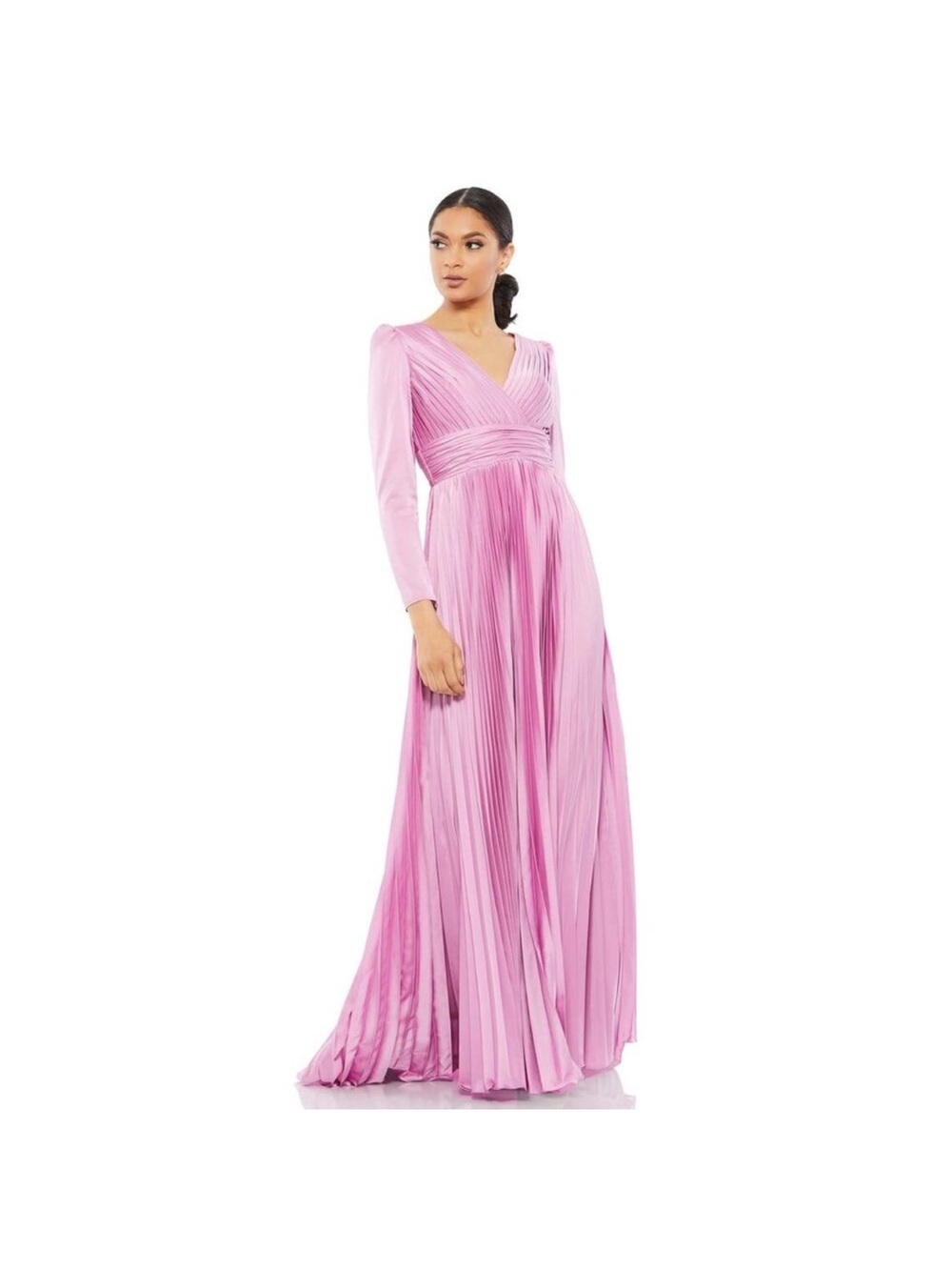 Mac Duggal Lilac Pleated V-Neck Long Sleeve Maxi Dress